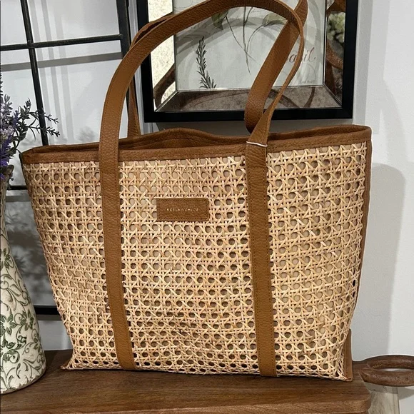 Woven Rattan Tote with Brown Trim - Casual Everyday Carry - Picture 2 of 5